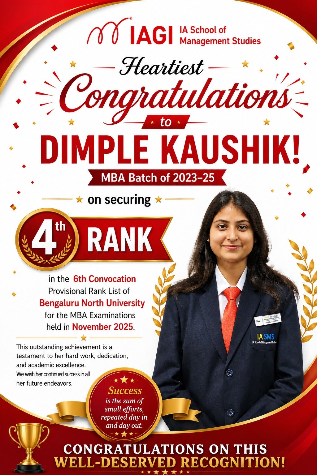 Dimple Kaushik being recognized for securing 4th Rank in BNU