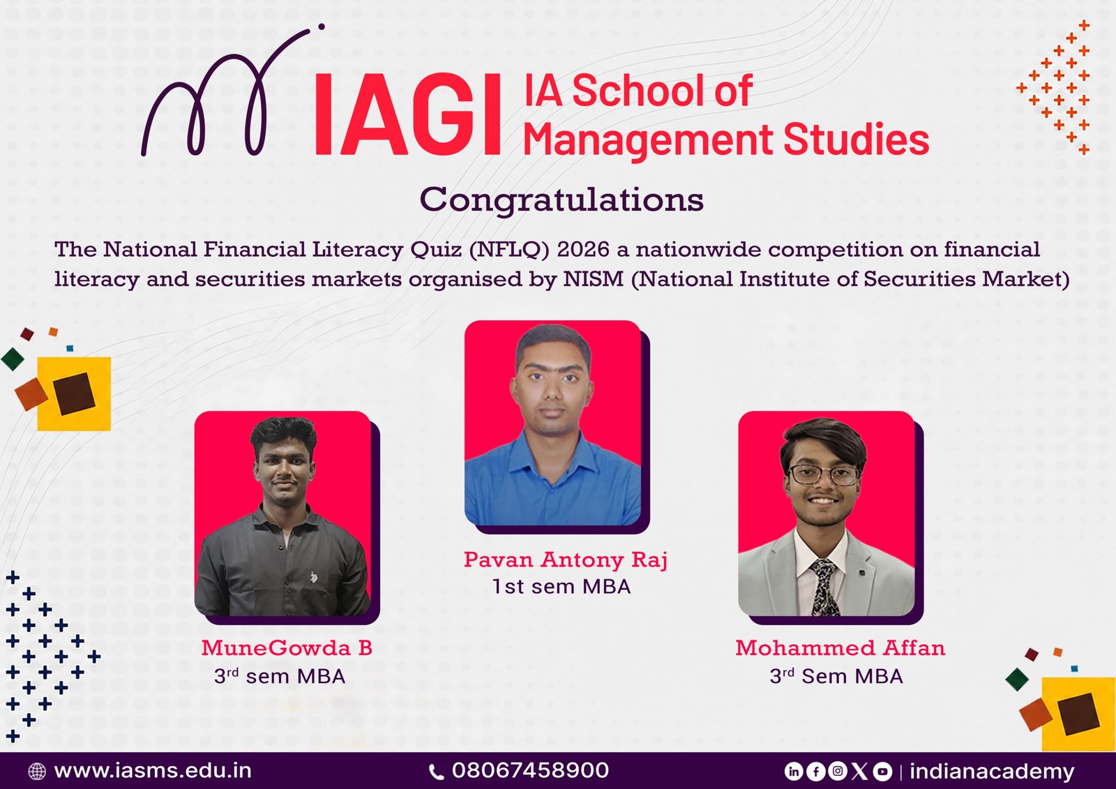 MBA students recognized for their achievement in the NISM National Financial Literacy Quiz
